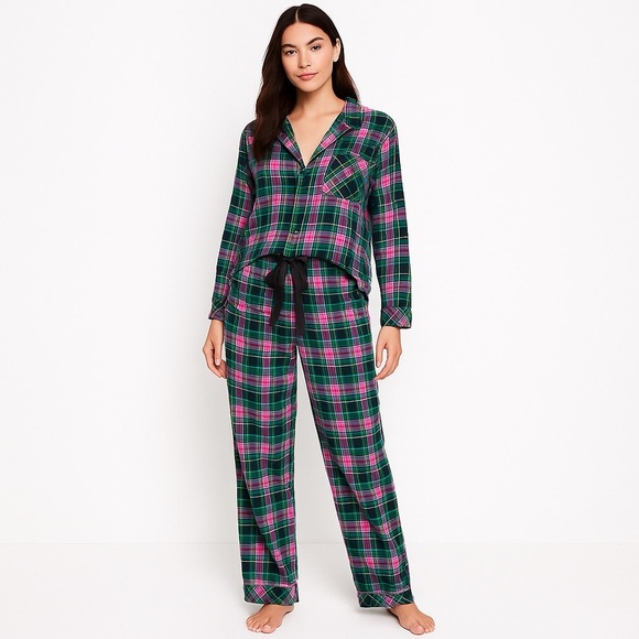 Victoria’s Secret Plaid Flannel Pajama Set Cotton Modal Loungecore M Pink Green - Picture 2 of 11